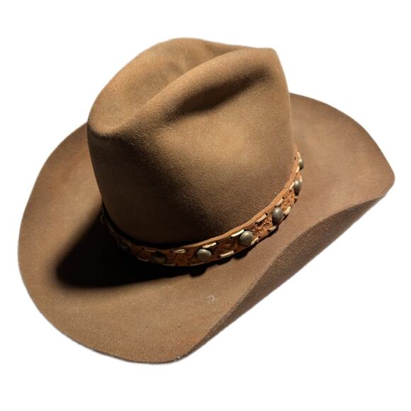 Vtg 1970s Keyston DeLuxe Brown Wool Studded Tooled Leather Band Western Hat OS